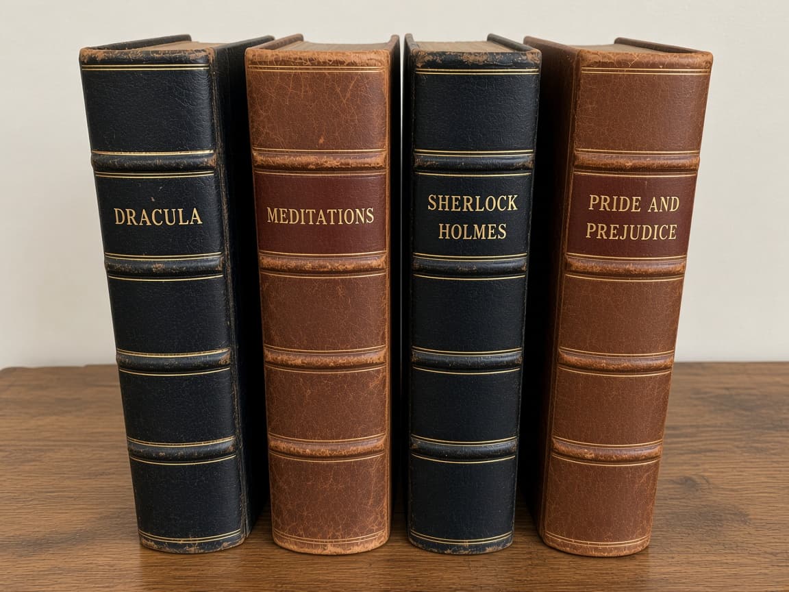 Leather-bound Dracula, Meditations, Sherlock Holmes, and Pride and Prejudice standing upright