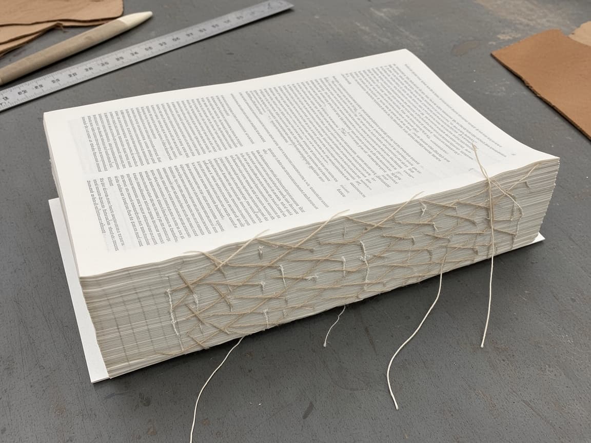Text block on the bench, linen thread across the spine